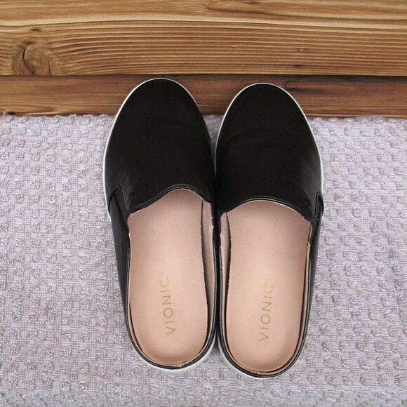 6 W Wide Vionic Black Leather Slip on Mule Sneakers Shoes - Picture 5 of 9